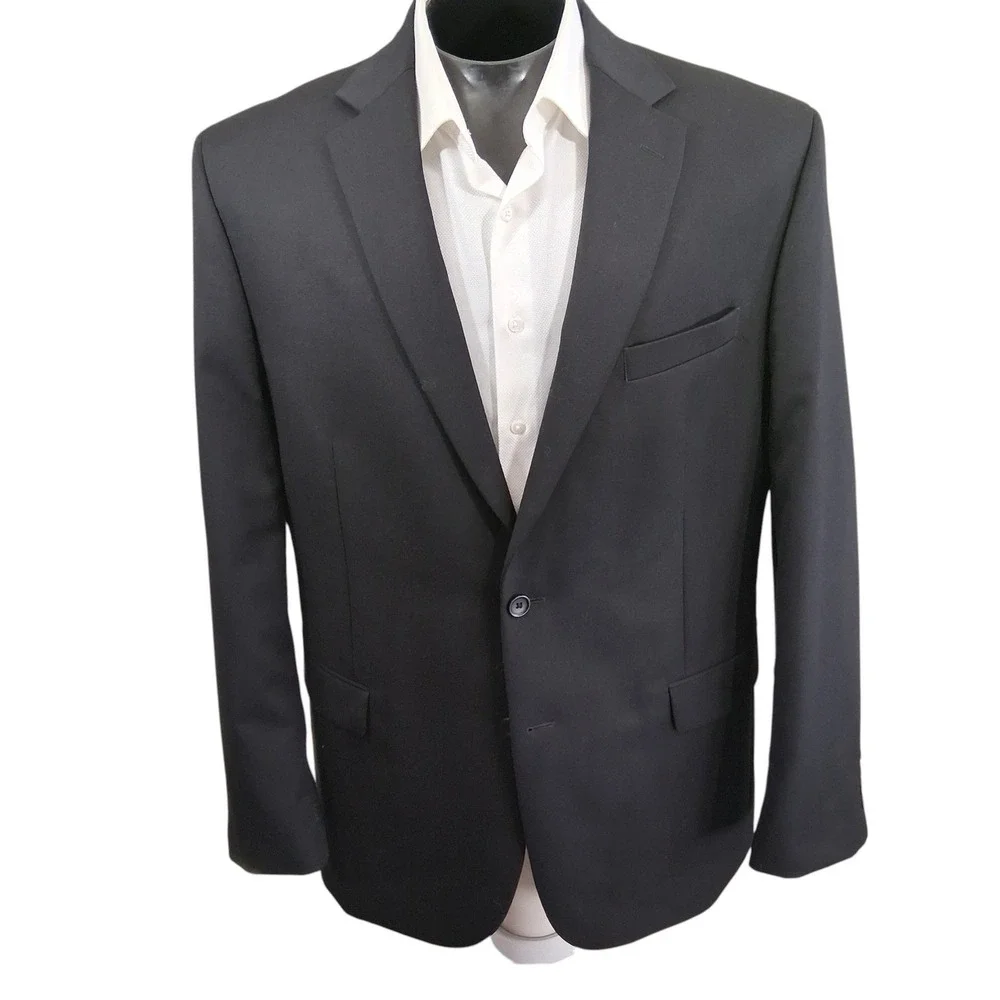 Pronto Uomo Blazer 46L Solid Black 100% Wool Two Button Sport Coat Double Vent